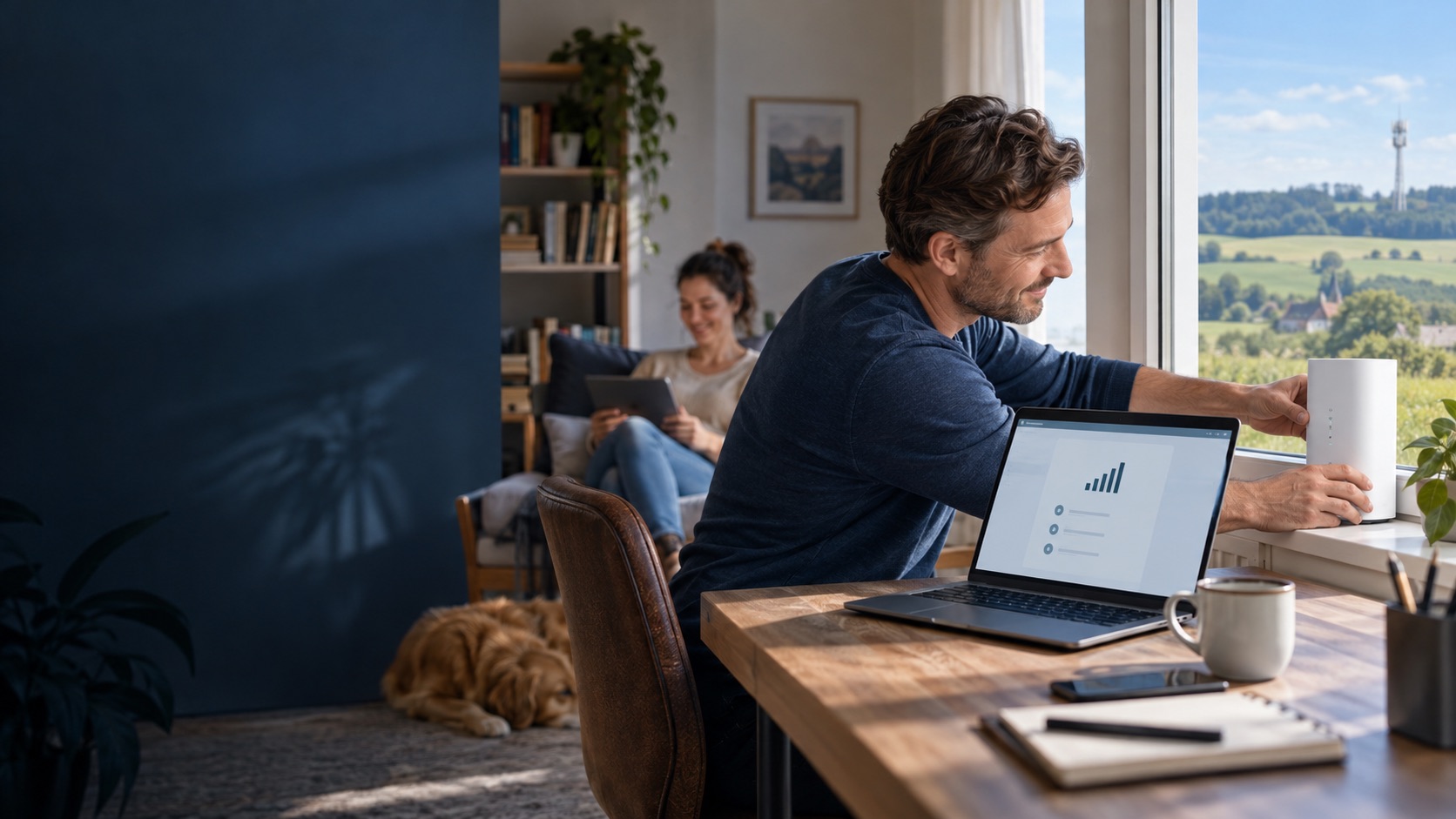 Ein Bewohner richtet einen LTE-Router am Fenster eines ländlichen Zuhauses aus